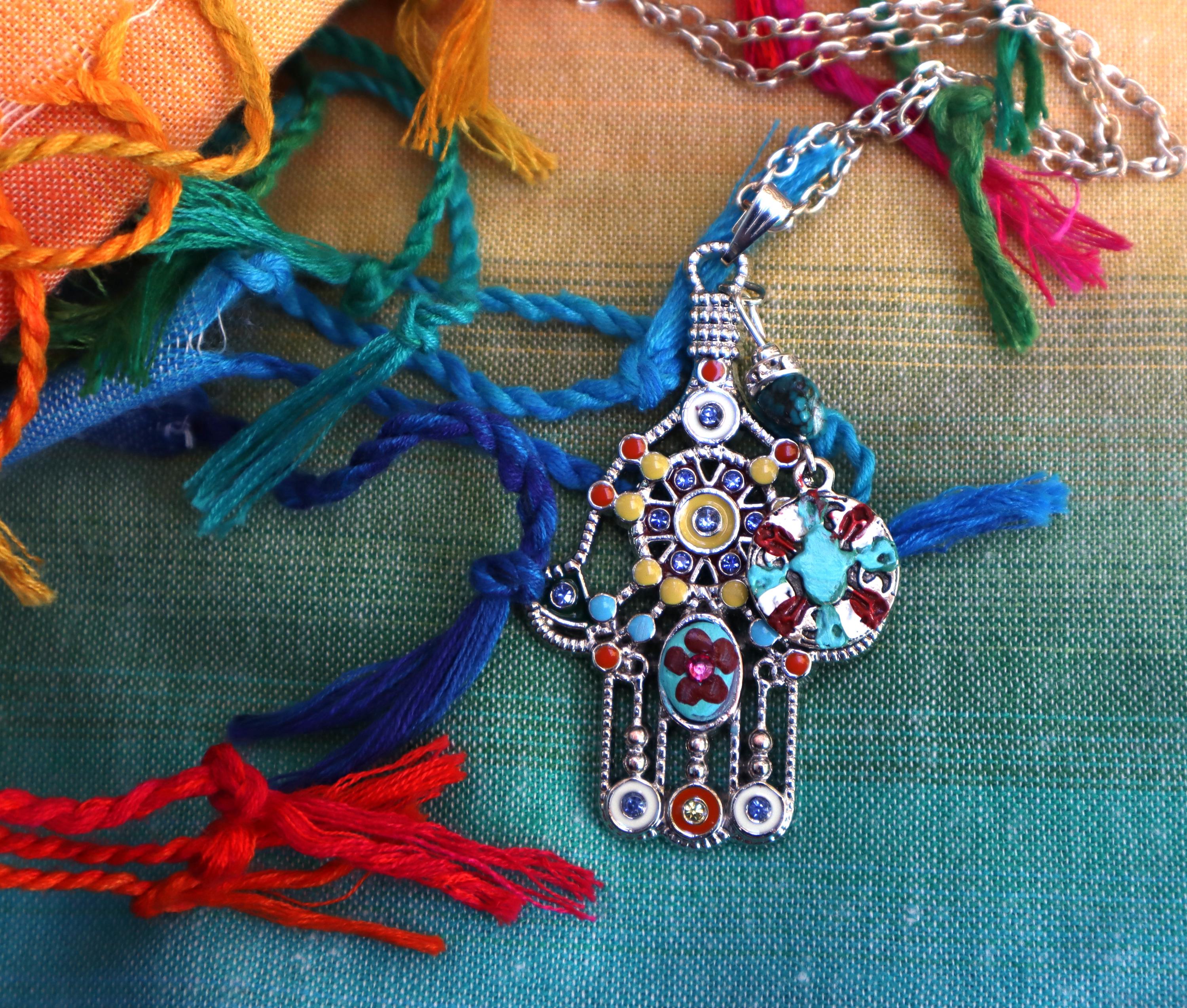 Collana con ciondolo a forma di mano di Fatima in 3 colori, in argento 925, con ciondolo a forma di mano di Fatima, turchese, blu e bianco, da 16 e 18 a