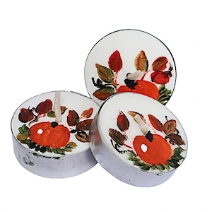 Set of Three Tea Light Tealight Candles with Hand Painted Pumpkins Whimsical Autumn Thanksgiving Halloween Decor Fall Decorations Small Gift