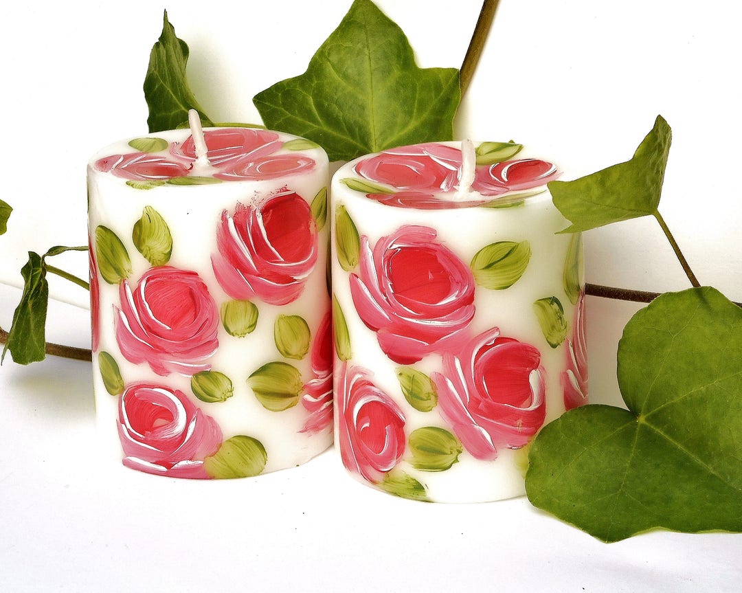Hand Painted Small Rose Pillar Candles Set Romantic Victorian - Etsy