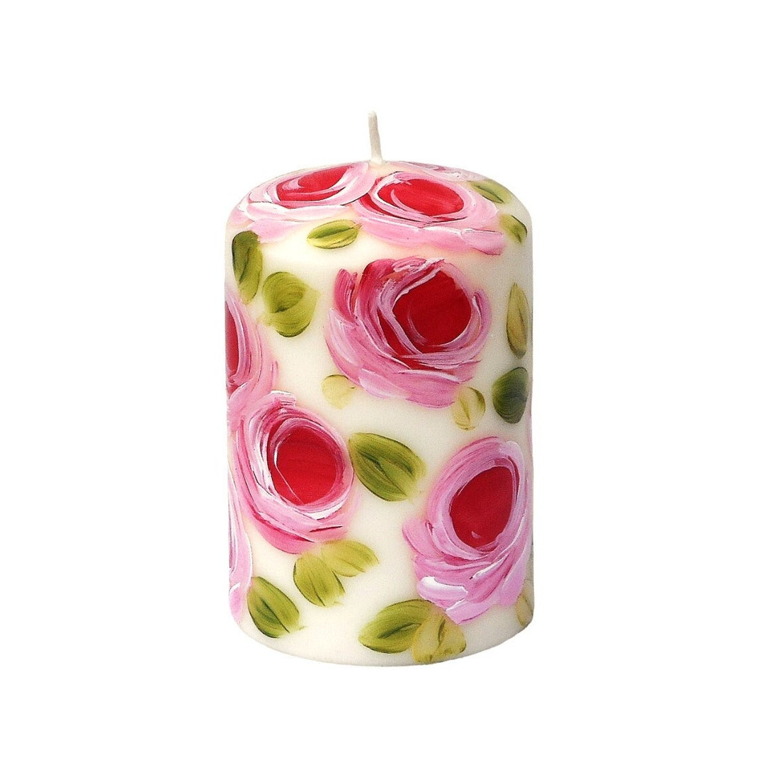 Hand-painted Pink Rose Pillar Candle, Romantic Floral Shabby Chic Decor ...