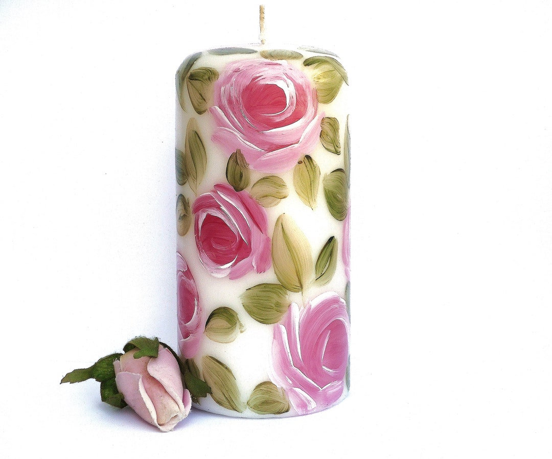 Painted Decorated Pillar Candle With Pale Pink Roses Romantic - Etsy