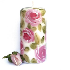Decorative Tall Wide Hand Painted Decorated Large Pillar Candle with Pretty Pale Pink Roses Romantic Shabby Chic Floral Decor FREE SHIPPING