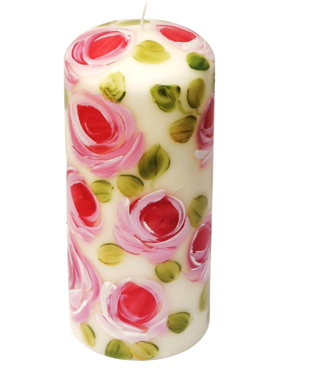 Large Tall Pillar Shabby Chic Candle, Hand Painted Pink Roses, Romantic ...