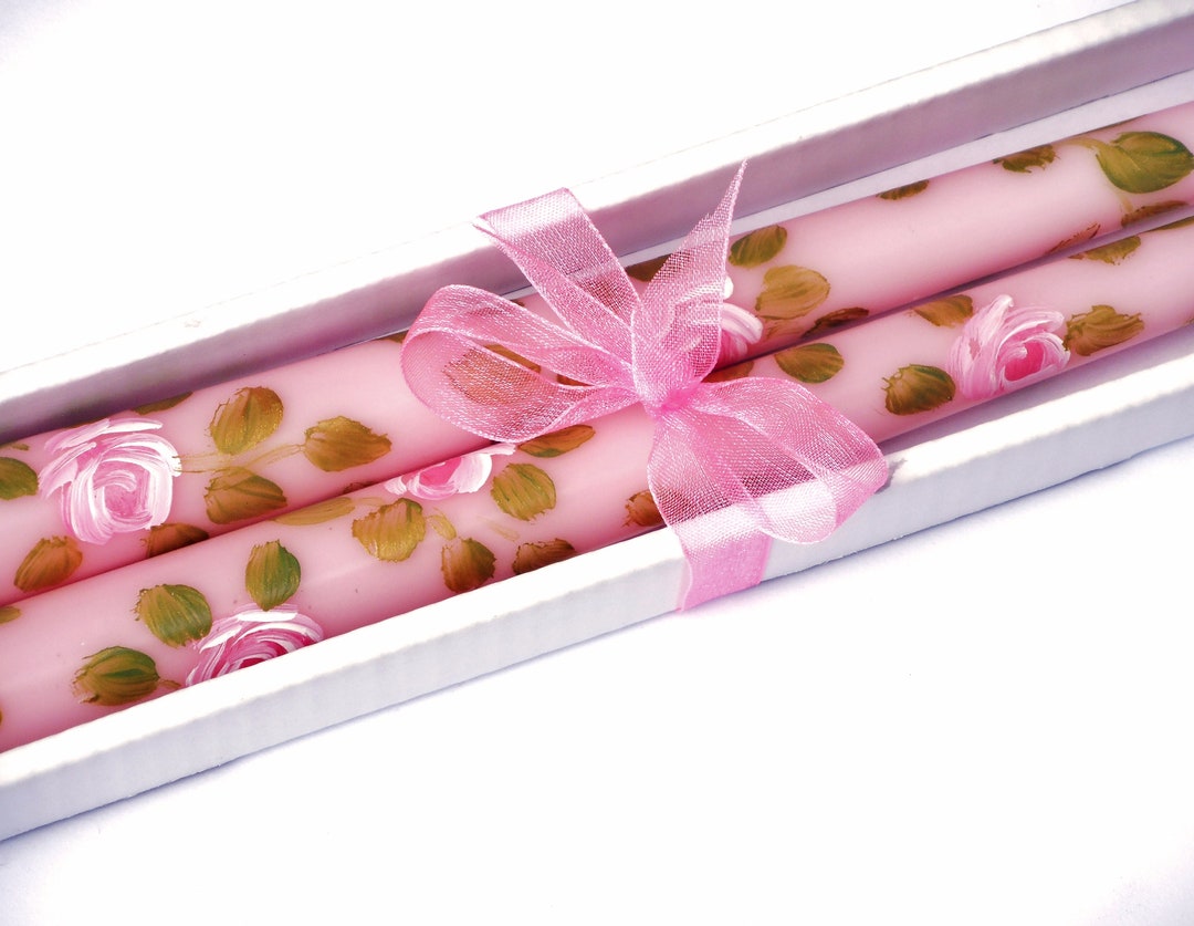 Hand Painted Pink Rose Taper Candles, Floral Shabby Chic Home Decor - Etsy