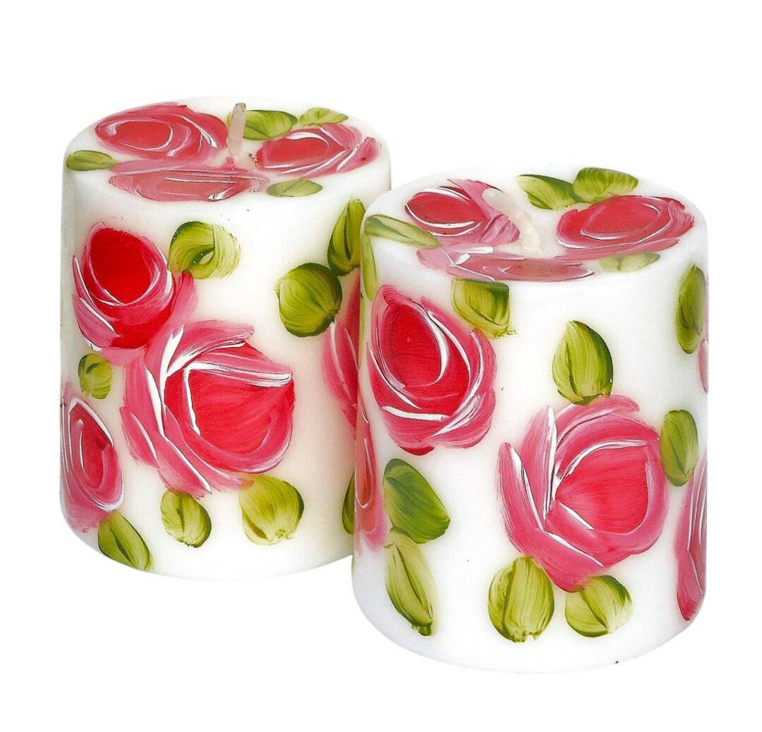 Hand-painted Pink Rose Pillar Candle: Shabby Chic Floral Decor - Etsy