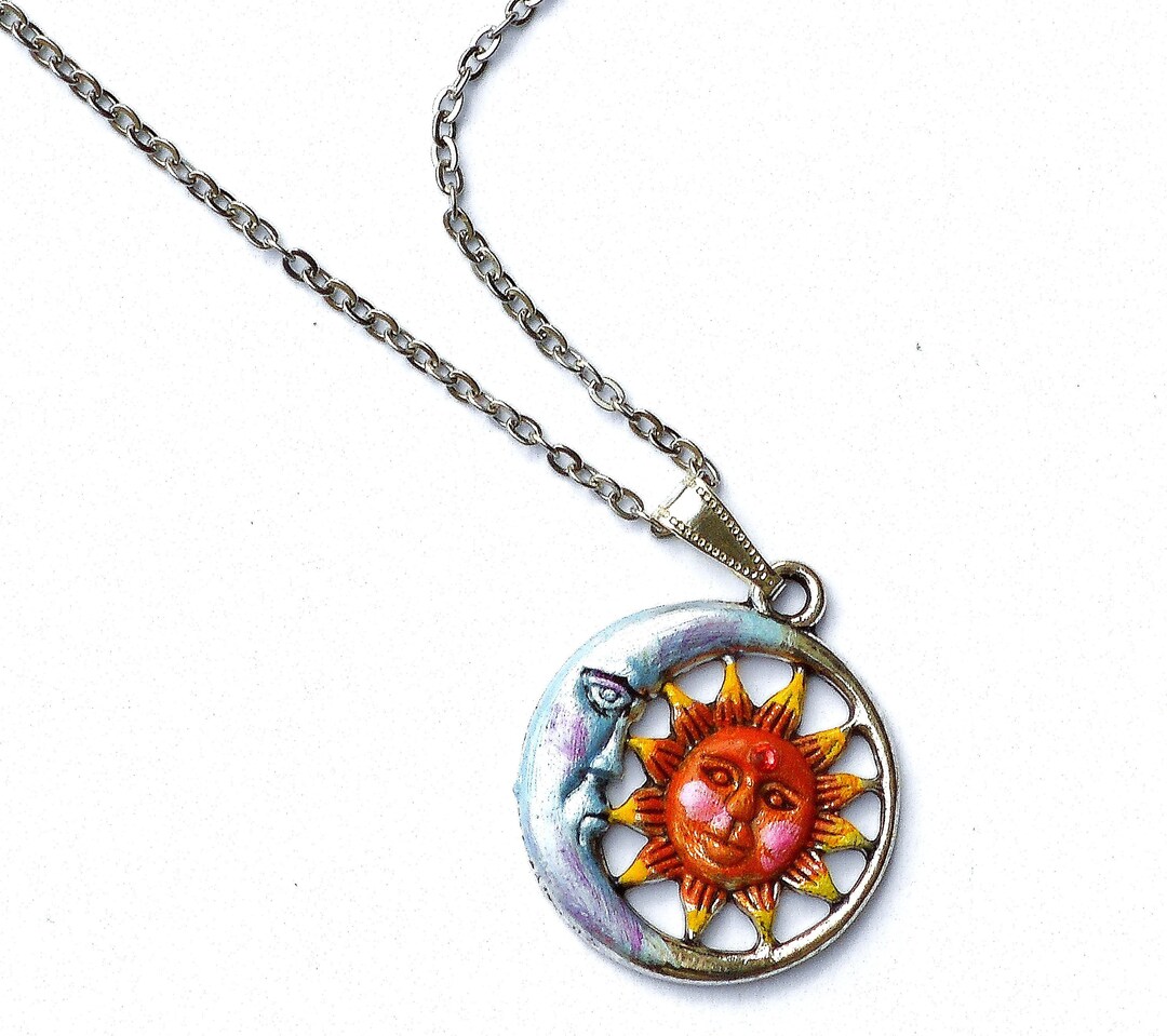 Small Silver Sun and Moon Pendant Necklace Hand Painted Accents Sun ...