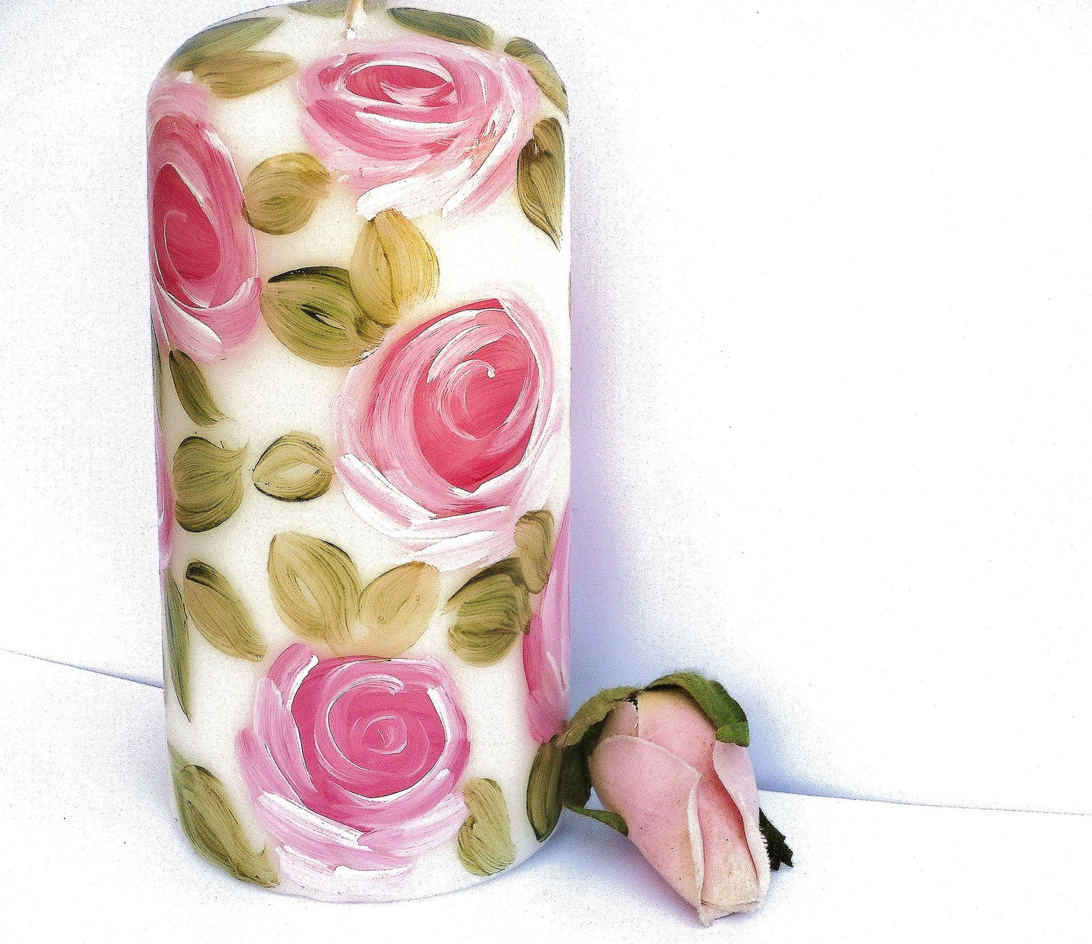 Painted Decorated Pillar Candle With Pale Pink Roses Romantic Shabby ...