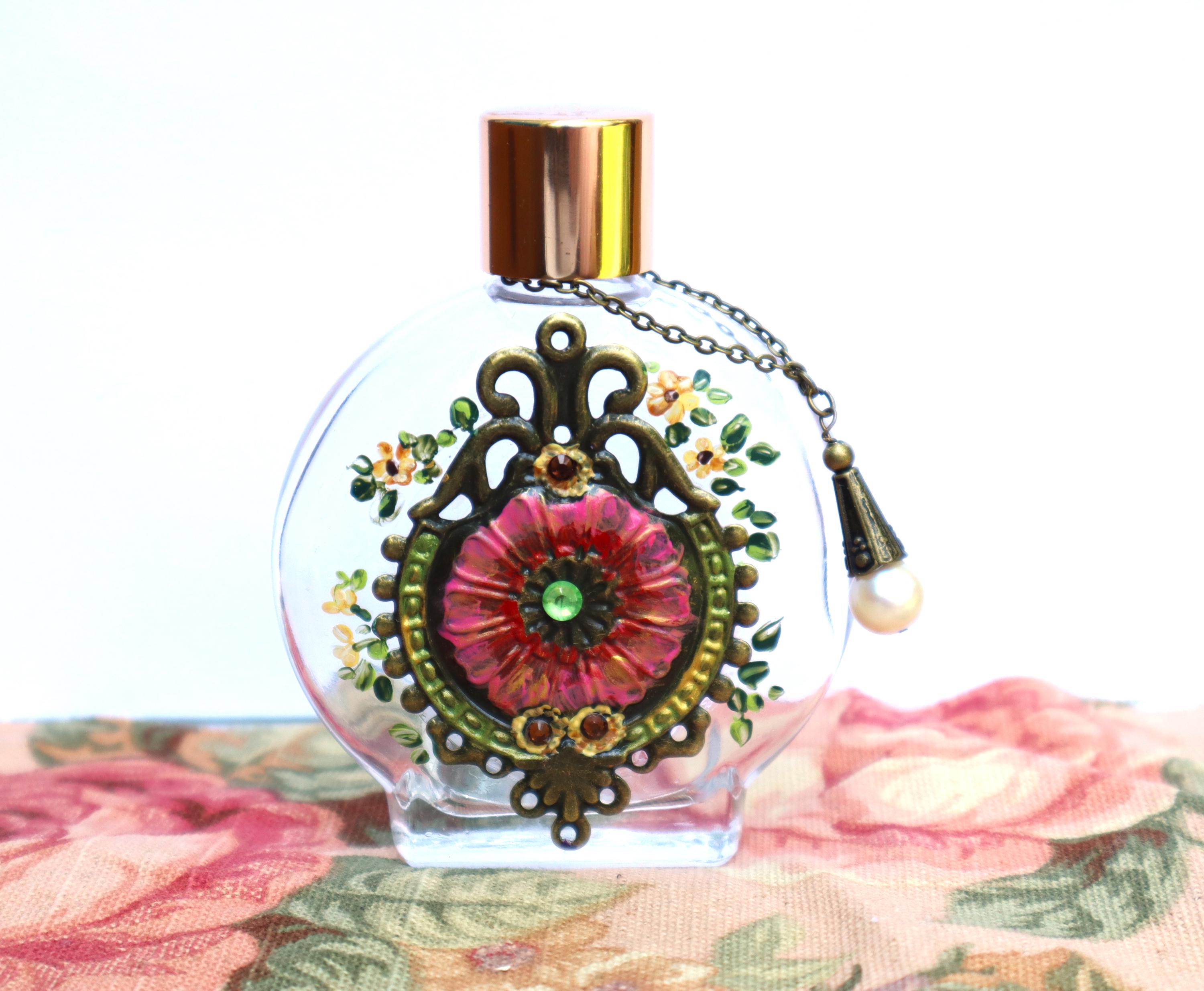 Vintage Art Nouveau Perfume Bottle: Hand-painted Floral, Pearl