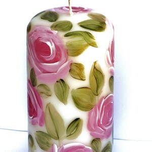 Painted Decorated Pillar Candle With Pale Pink Roses Romantic Shabby ...