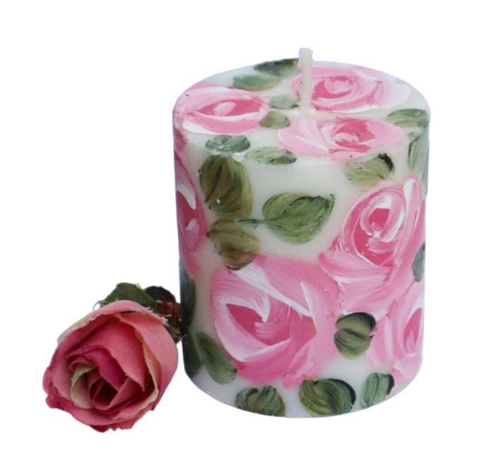 Hand Painted Pale Pink Rose Short Pillar Candle: Romantic Shabby Chic ...