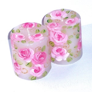 Single or Pair Decorated Hand Painted Pink Rose Flower Pillar Candle Romantic Floral Shabby Chic Decor Unique Gift for Her FREE SHIPPING