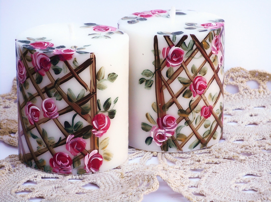 Hand Painted Pink Roses Pillar Candle: Bohemian Shabby Chic Floral ...