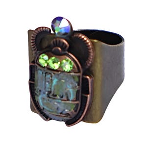 Adjustable Antiqued Gold Egyptian Scarab Beetle Statement Ring with Painted Accents Crystal Rhinestone Protection Boho Jewelry FREE SHIPPING