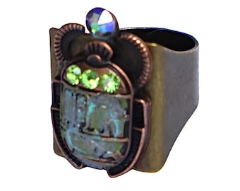 Antiqued Gold Egyptian Scarab Beetle Ring, Mystical Protection Boho Jewelry