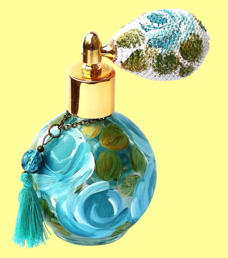 Vintage Style Perfume Atomizer, Hand Painted Turquoise Blue Roses