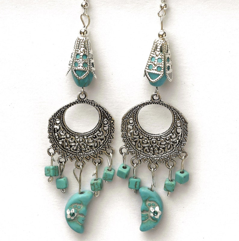 Dangling Silver and Turquoise Moon Dangle Earrings Celestial Bohemian Jewelry FREE SHIPPING