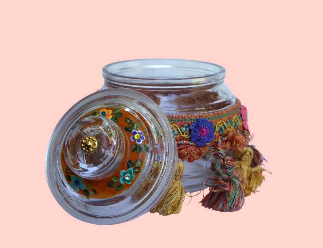 Pot avec couvercle Hippy céramique décor fleurs colorées D10xH9cm Pot avec couvercle Hippy céramique décor fleurs colorées D10xH9cm