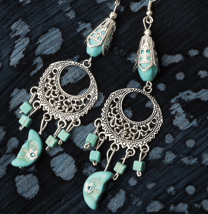 Dangling Silver and Turquoise Moon Dangle Earrings Celestial Bohemian Jewelry FREE SHIPPING
