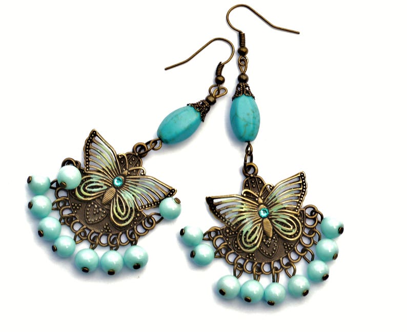 Turquoise Blue Butterfly Boho Dangle Bead Earrings Funky Hippie Jewelry FREE SHIPPING image 1