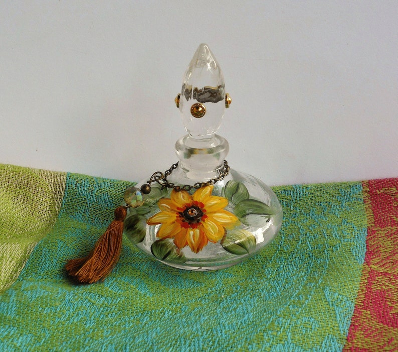 Hand Painted Sunflower Decor Glass Perfume Bottle Boho Etsy