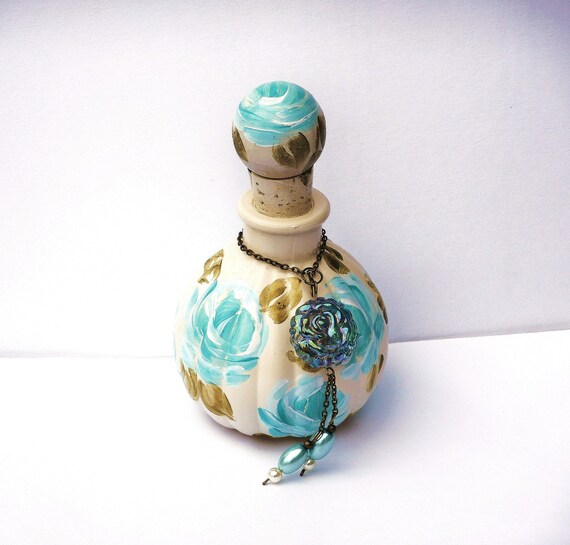 large hand painted blue flower perfume bottle romantic cottage etsy