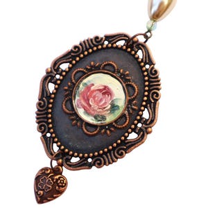 Vintage Painted Pink Rose Pendant Necklace Custom Length Romantic Antiqued Copper Floral Necklace Antique Victorian Jewelry for Women