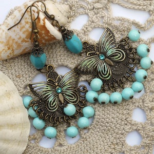 Turquoise Blue Butterfly Boho Dangle Bead Earrings Funky Hippie Jewelry FREE SHIPPING image 2