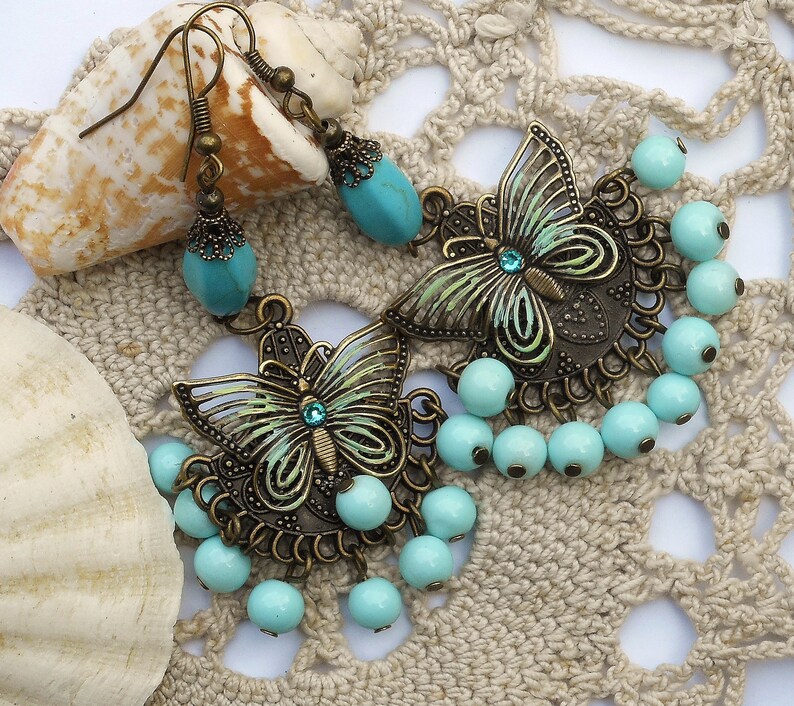 Turquoise Blue Butterfly Boho Dangle Bead Earrings Funky Hippie Jewelry FREE SHIPPING image 2