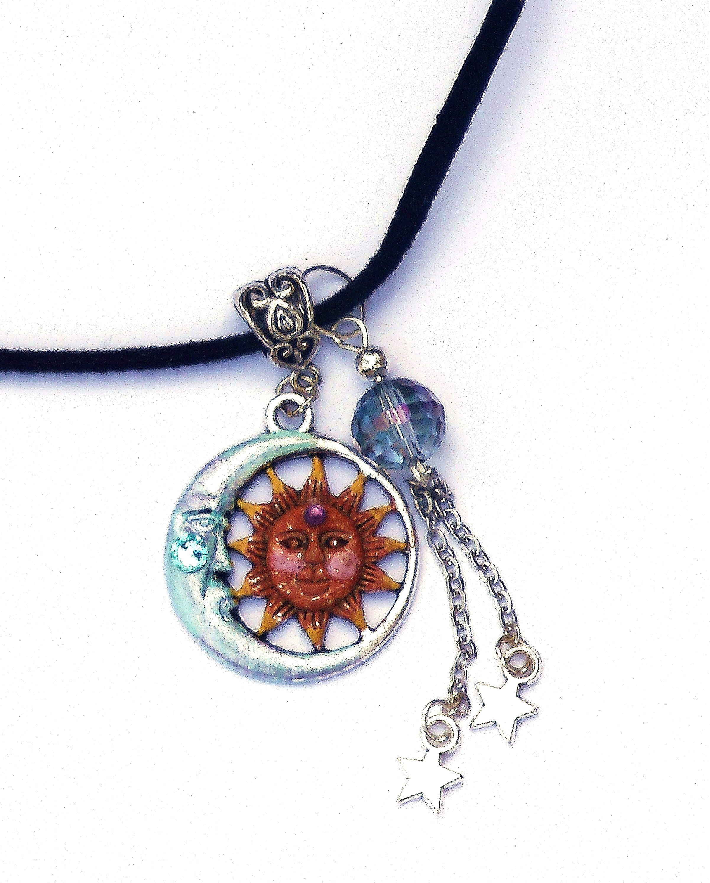 Raku Ceramic Moon Sun and Stars Necklace Boho Jewelry FREE SHIPPING
