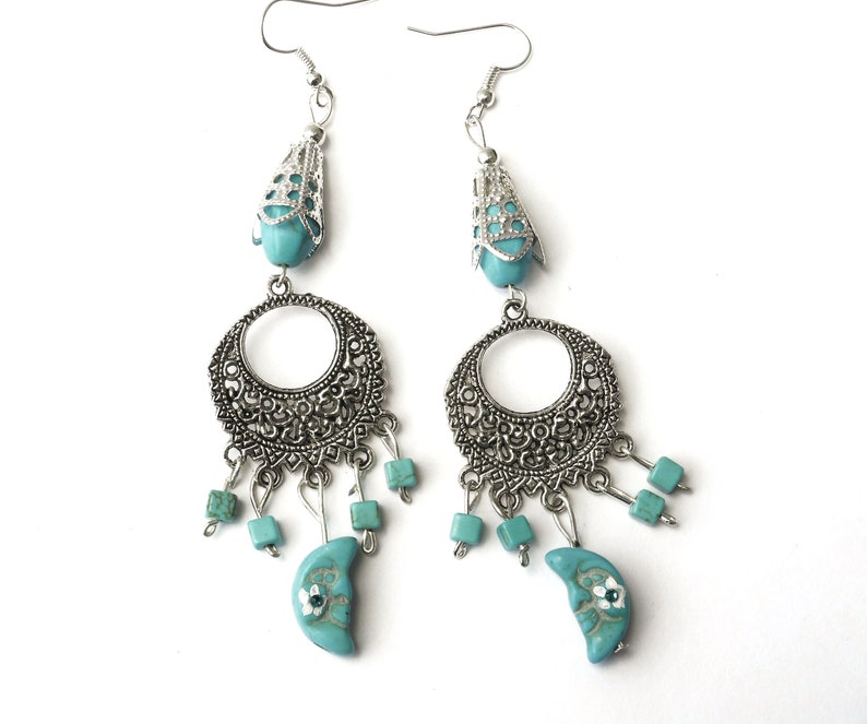 Dangling Silver and Turquoise Moon Dangle Earrings Celestial Bohemian Jewelry FREE SHIPPING