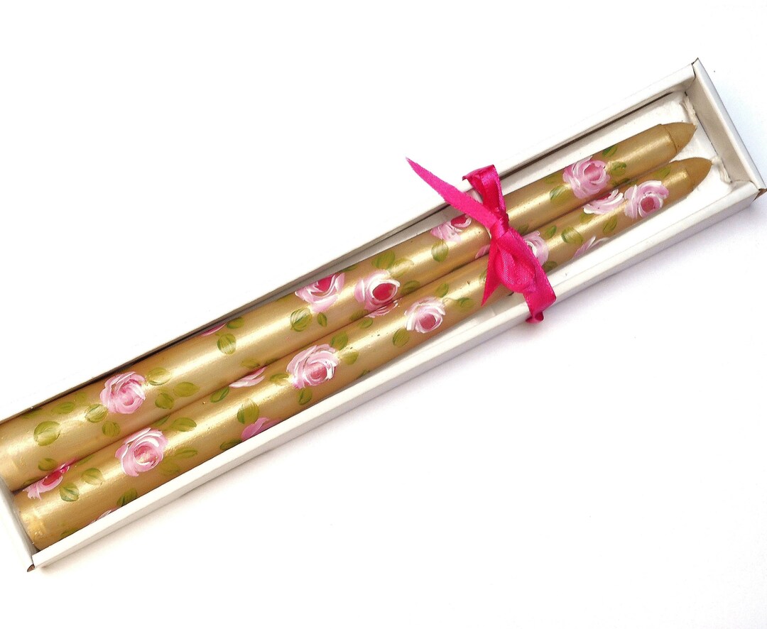 Elegant Gold Taper Candles Painted Roses Romantic Victorian Decor FREE