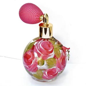 Large Round Glass Spray Perfume Atomizer Bottle with Hand Painted Pink Roses Victorian Perfume Bottle with Atomizer Decor Gift for Women