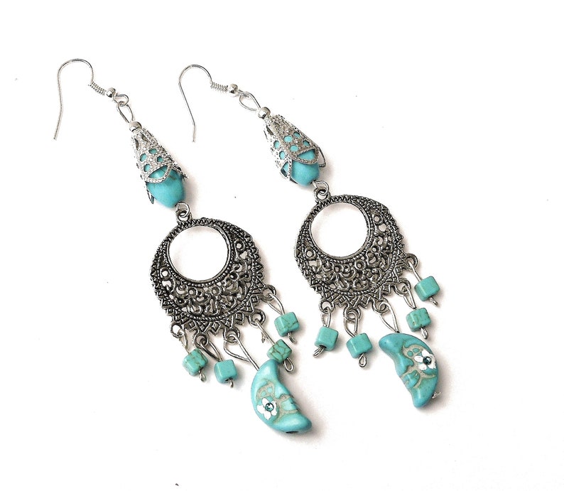Dangling Silver and Turquoise Moon Dangle Earrings Celestial Bohemian Jewelry FREE SHIPPING