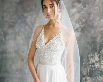 Silk wedding dress, a-line, open back, beautiful lacing tulle , hand embroidery/ ALMINA