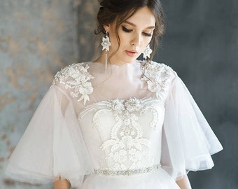 Pearl wedding dress with rich beautiful hand embroidery, lace, low back corset/ AVRELIA