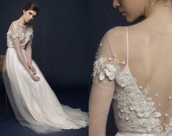 Embroidered wedding dress, flower bridal gown/ Lumika