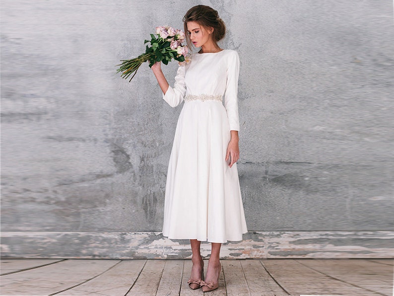 Short wedding dress, long sleeve , simple, tea length bridal gown/KANIKA image 1