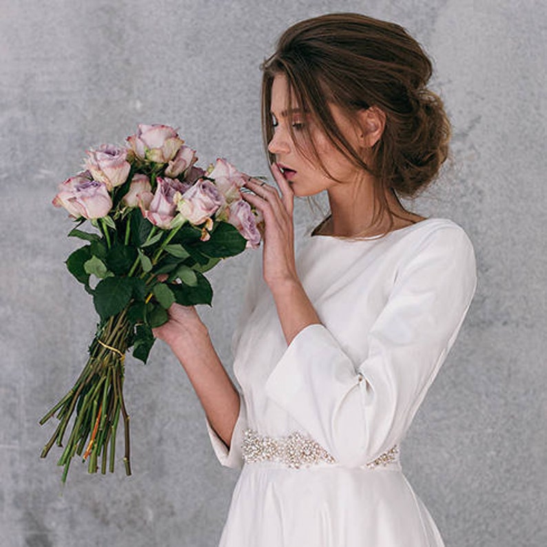 Short wedding dress, long sleeve , simple, tea length bridal gown/KANIKA image 2