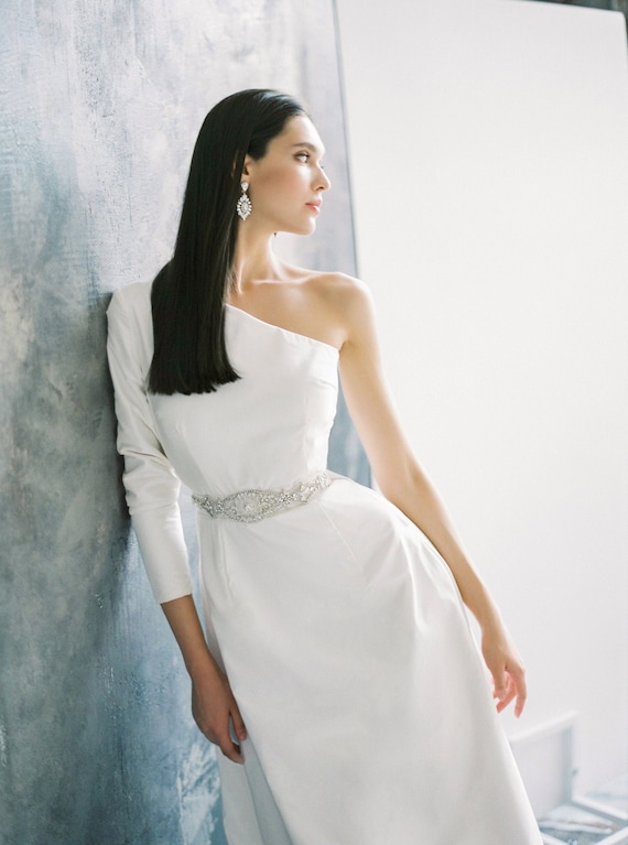 Modest Elegant Asymmetrical Wedding Dress With One Long Sleeve Etsy