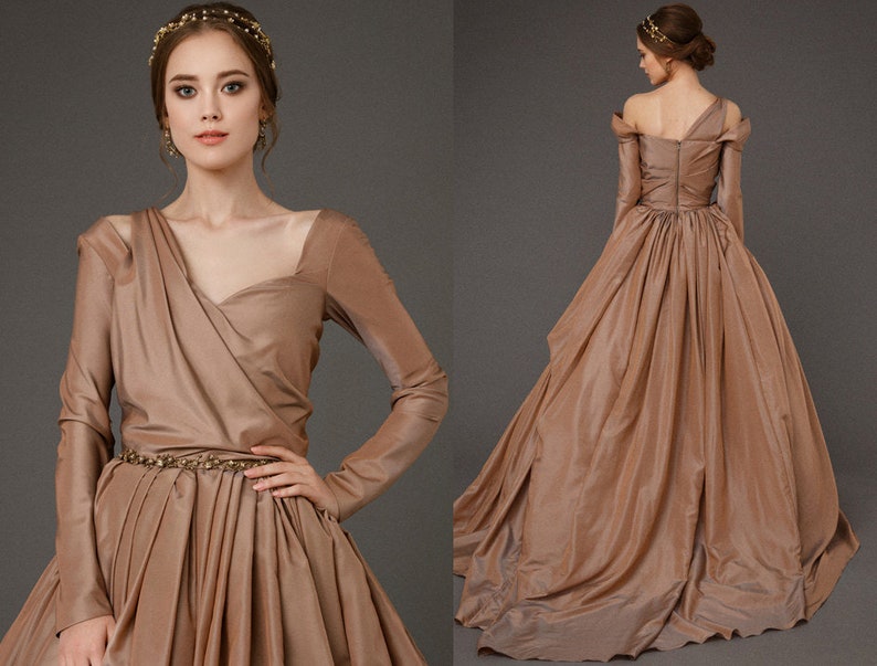 Brown wedding dress made of rich taffeta, luxury ball dress  with train, royal wedding dress with long sleeves / HESTIA / 