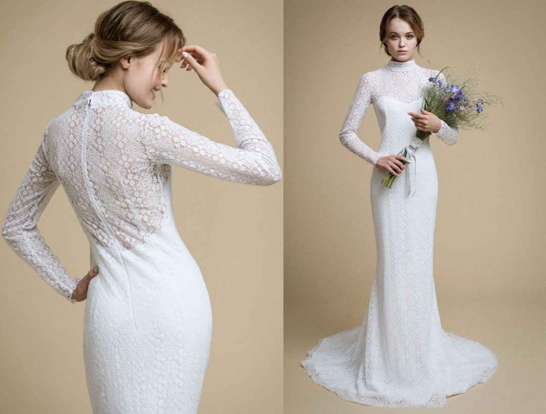 High Neck Long Sleeve Lace Wedding Dress