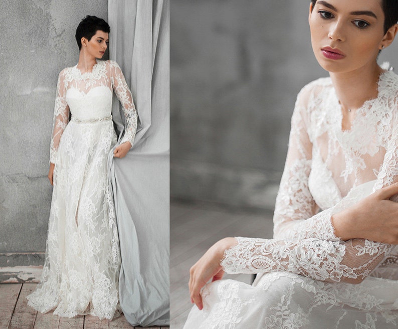 Kifi Vintage Long Lace Wedding Dress Of Viscose Lace With Etsy