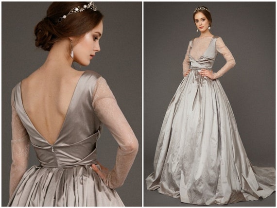 silver wedding gowns with sleeves