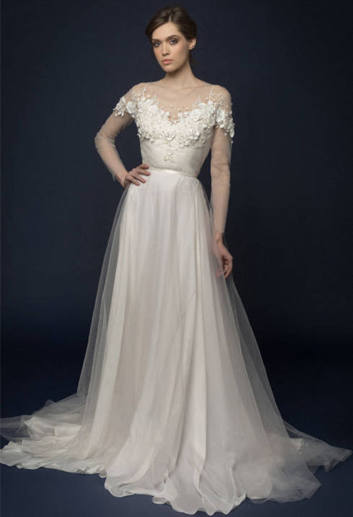 Embroidered Wedding Dress Flower Bridal Gown Etsy