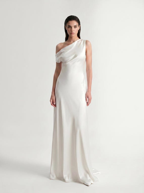 One Shoulder Silk Satin Wedding Dress, Minimalist Ivory Bridal Gown, Asymmetric 100% Silk Straight Dress, Modern Simple Wedding Dress