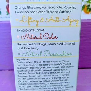 Puede incluir: Primer plano de una caja de producto blanca con texto que enumera ingredientes como flor de naranja, granada y t&eacute; verde. El texto destaca los beneficios de "Lifting & Anti-Edad" y "Color Natural".