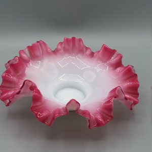 Antique cranberry pink crested milk glass 7 inch bowl