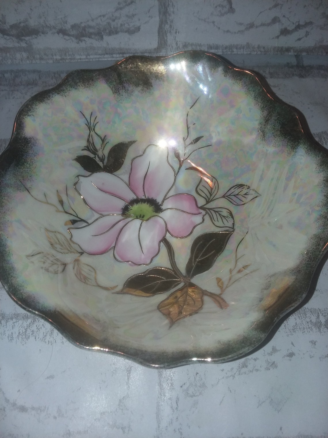 Beautiful Gold Trimmed Bowl With Pink Flower Etsy