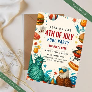 Convite para festa na piscina de 4 de julho, festa de churrasco de verão no quintal com Estátua da Liberdade, águia americana e tema de comida, editável para download instantâneo