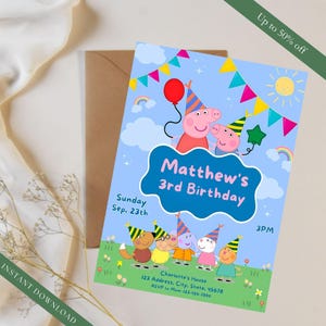 Wunderliche Tier-Geburtstagseinladung, Regenbogen-Piggy-Party-Dekor, Cartoon-Geburtstags-Einladung bearbeitbar, digitaler Download für Kinderparty